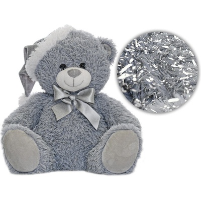 Mikro trading Medvěd šedý s čepičkou a mašlí 25 cm