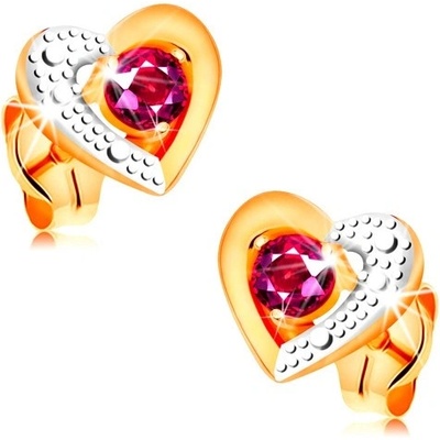 Šperky eshop zlaté náušnice růžový rubín ve dvoubarevném obrysu srdce gravírování GG161.15