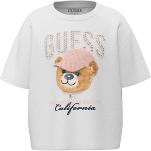 GUESS Бяла къса тениска за момиче с кристален надпис Guess и сладко мече
