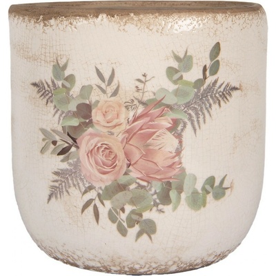 Clayre & Eef Béžový keramický kvetináč s kvetmi Protea Eucalypt XL - 20x19 cm