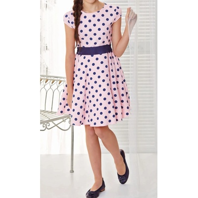 Fashionkids dievčenské retro šaty s bodkami a tmavomodrým opaskom ružové