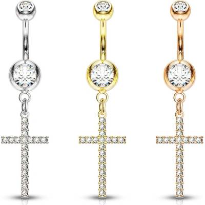 Šperky eshop piercing do bříška kulatý krystal čiré barvy s přívěskem, křížek vykládaný krystalky Q11.2 Zlatá
