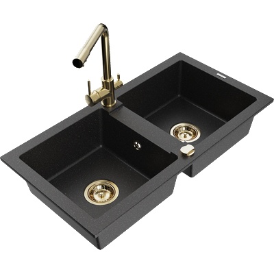 Mexen Mario гранитна мивка с 2 отделения и кухненски смесител Duero, черен/сребрист металик - 6504-73-671600-50 (6504-73-671600-50)