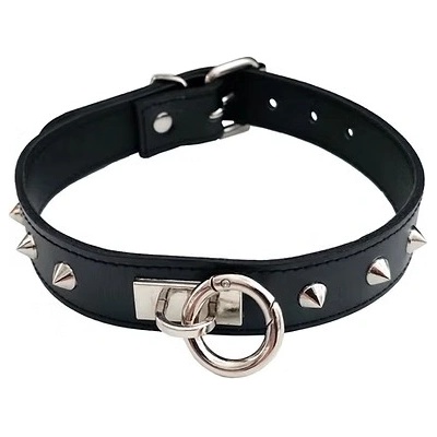 ostatní ROUGE Leather Thin O-Ring Studded Collar with Detachable O-Ring Black