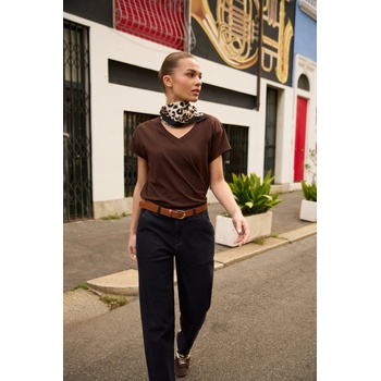 Moodo Памучна тениска с V деколте кафява Moodo Moodo | Kafyav | ЖЕНИ | XXL