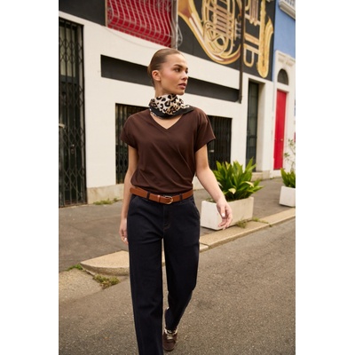 Moodo Памучна тениска с V деколте кафява Moodo Moodo | Kafyav | ЖЕНИ | XXL