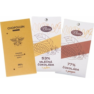 Pleva Letní pylové mlsání set tří čokolád se včelím pylem Chopollen hořká 74% 85 g Mléčná s pylem 53% 50 g Hořká s pergou 77% 50 g