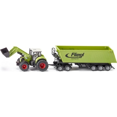 Siku Claas Traktor Axion 850 s čelním nakladačem s přívěsem Fliegl 1:50