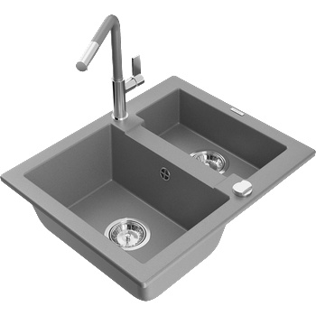 Mexen Carlos гранитна мивка 1, 5-камерна с кухненски смесител Flora, сив - 6518-71-670401-06 (6518-71-670401-06)