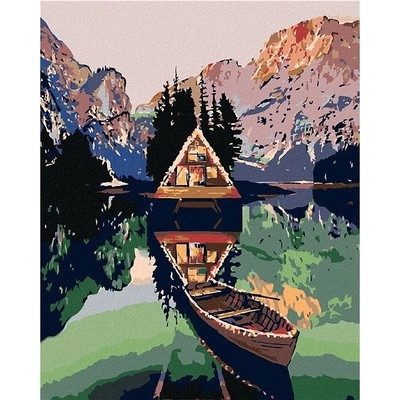 zuty Malování podle čísel Pramice u chatky na jezeře v horách 80 x 100 cm vypnuté plátno na rám