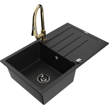 Mexen Bruno гранитна мивка 1-коморна с отцедник и кухненски смесител Elia, черен - 6513-77-670101-50-B (6513-77-670101-50-B)