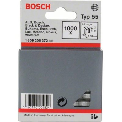 Narrow crown staple, type 55 6 x 1,08 x 16 mm 1000 ks Bosch Accessories 1609200372 Rozmery (d x š) 16 mm x 6 mm; 1609200372
