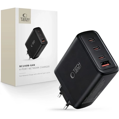 Tech-Protect nc140w-gan 4-портово мрежово зарядно pd 140w / qc3.0 черно (5906302335954)