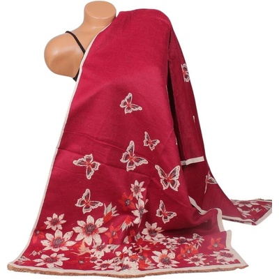 Кашмирен шал в цвят бордо с цветя и пеперуди