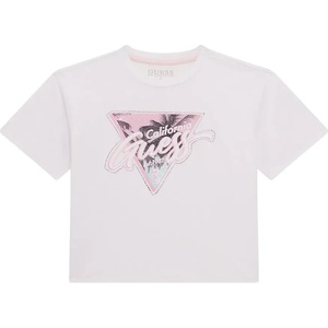 GUESS Къса тениска в бяло за момиче с розова щампа и надпис Guess