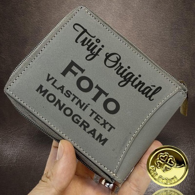 Pánská šedá kožená peněženka TIGER na zip s fotkou textem nebo monogramem