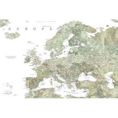 Plagát, Obraz - Detailed map of Europe in green watercolor, Blursbyai, 40 × 26.7 cm