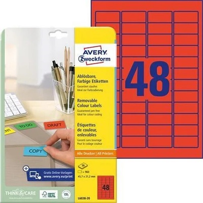 AVERY ZWECKFORM Etikety, univerzálne, 45,7x21,2 mm, odstrániteľné, zaoblené rohy, AVERY ZWECKFORM, 960 etikiet/bal, červené
