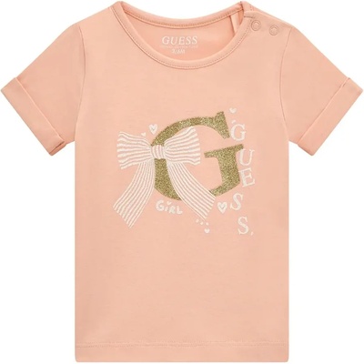 GUESS Тениска в прасковен цвят за бебе момиче с блестящо G, надписи и детайли Guess