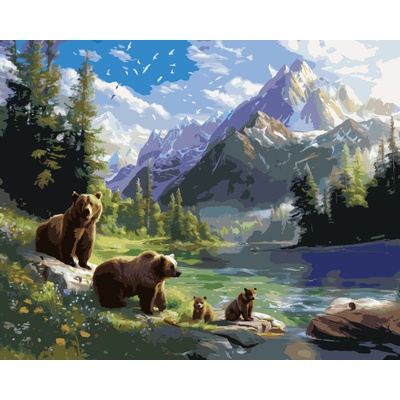 ZUTY MEDVEĎ S MLÁĎATAMI JAZERO A HORY Rámovanie bez rámu a bez vypnutia plátna Rozmer 80 x 100 cm