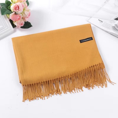 Кашмирен шал в цвят горчица с ресни