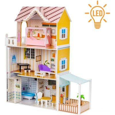 Eco Toys Dřevěný domeček pro panenky s LED osvětlením