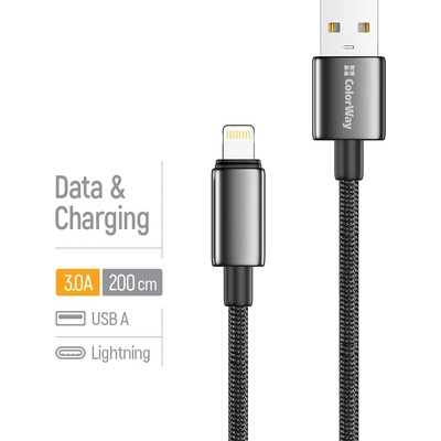 ColorWay CW-CBUL099-B USB-A – Apple Lightning (zinková zliatina, nylonové opletenie) 3A 2m černý