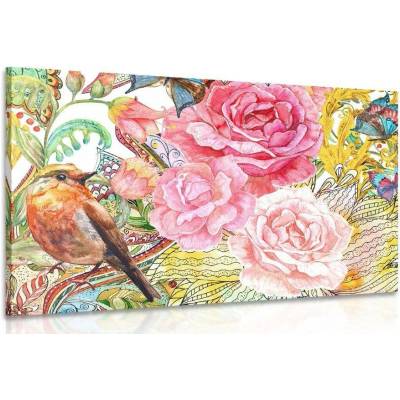 Obraz vintage ptáček s květinami - 150x100