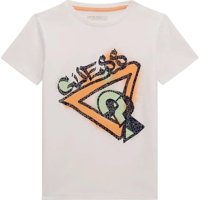 GUESS Бяла тениска за момче с интересно лого в оранжево и надпис Guess