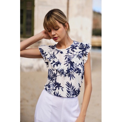 Moodo Дамска тениска Moodo - бяла с сини цветя Moodo | Byal | ЖЕНИ | XS