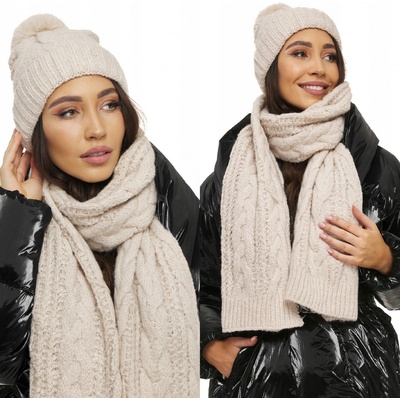 Fashionweek Zimní tlustá teplá dámská vlněná souprava čepice a dlouhý šátek KARR28 krémová