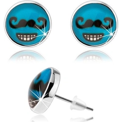 Šperky eshop ve stylu cabochon sklo modré pozadí černý knírek zubatý úsměv SP80.30