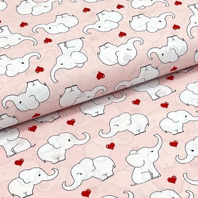 Bavlněné plátno P0694 světle růžové, slůňata se srdíčky, š.140