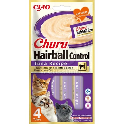 INABA Cat Ciao Churu Hairball кремообразна храна за кокти - риба тон 4 x 14 г