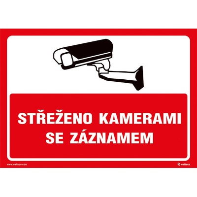 Walteco Strážené kamerami so záznamom (červená), 297x210mm, formát A4, plastová tabuľka Množstvo: 1 ks , 20040