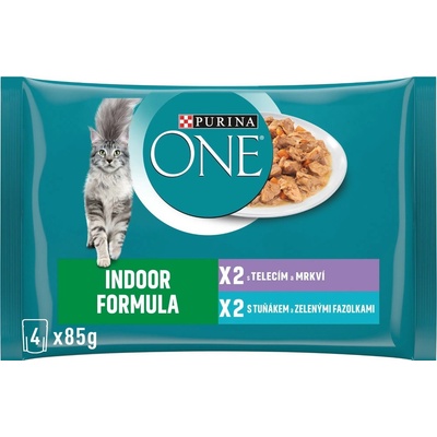 Purina ONE Indoor minifiletky s tuňákem a zelenými fazolkami s telecím a mrkví ve šťávě 4 x 85 g