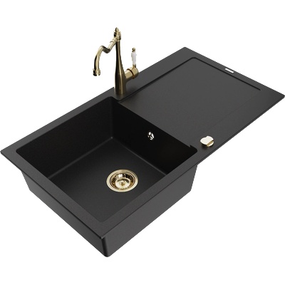 Mexen Leo гранитна мивка с 1 отделение с отцедник и кухненски смесител Carla, черен - 6501-77-670700-50 (6501-77-670700-50)