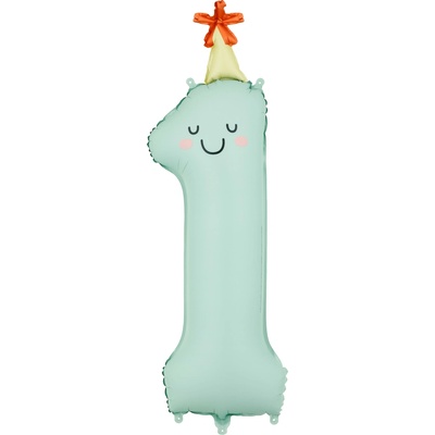 PartyDeco Fóliový balón narodeninové číslo 1 Pastelový zelený s klobúčikom 86 cm