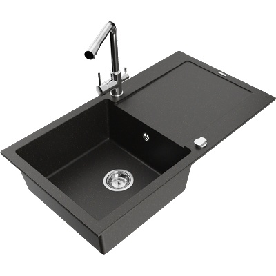 Mexen Leo гранитна мивка с 1 камера с отцедник и кухненски смесител Duero, черен/златен металик - 6501-75-671600-00 (6501-75-671600-00)