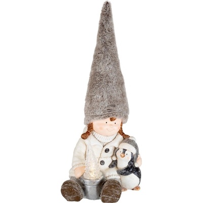 Keramická-plyšová dekorácia sediace dievčatko s tučniakom