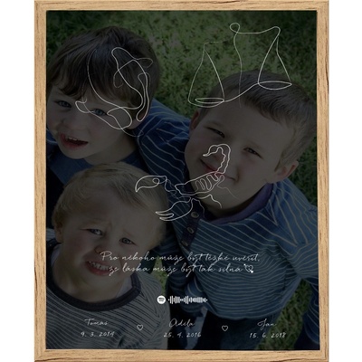 Plakát ZNAMENÍ a QR KÓD vlastní píseň a fotografie Rámeček: Dřevěný rámeček, Počet osob, Text: 3-4 osoby, Text plakátu: Text na obrázku + Vlastní píseň