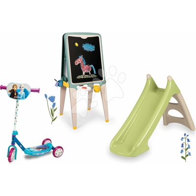 Smoby Set šmykľavka a tabuľa na kriedu a magnetky XS Slide Green Life dĺžka šmyku 90 cm s vodnou hrou a trojkolesová kolobežka Frozen