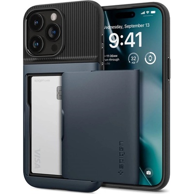 Spigen Slim Armor CS Case - хибриден кейс с отделение за кр. карти и най-висока степен на защита за iPhone 15 Pro Max (тъмносин)