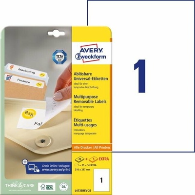 avery zweckform Etikety univerzálne odnímateľné 210x297mm Avery A4 25+5 hárkov
