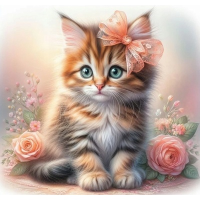 Norimpex - Puzzle Diamant painting: Kitten with a bow and roses 30x40cm - 1 - 39 piese