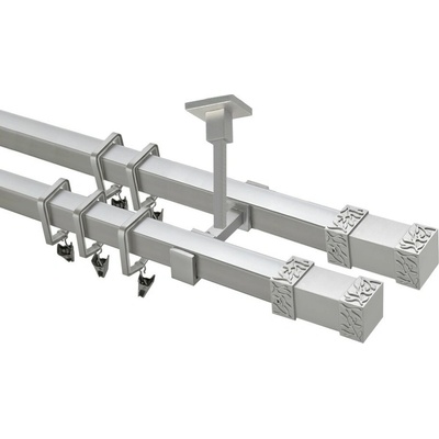 OK-GarnýžeCZ Garnýž kovová hranatá dvouřadá 20x20mm Roma double satina 170 cm do stropu / kroužky s žabkou