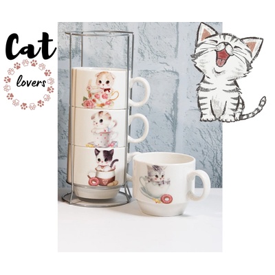 Чаша с дръжка 4бр. на стойка Котета (ak14123/1)