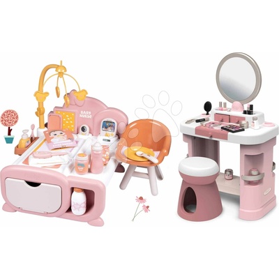 Smoby Set domček pre bábiku s kozmetickým stolíkom Cocoon Nursery Soft Baby Nurse denná a nočná zóna so 16 doplnkami