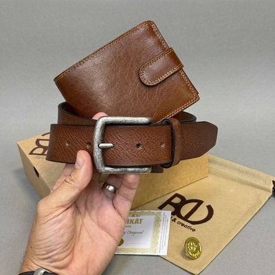 Hnědý kožený set ROYAL peněženka a pásek s vlastním monogramem