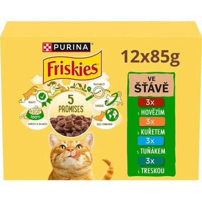 Friskies Cat hovädzie kura tuniak treska v šťave 12 x 85 g